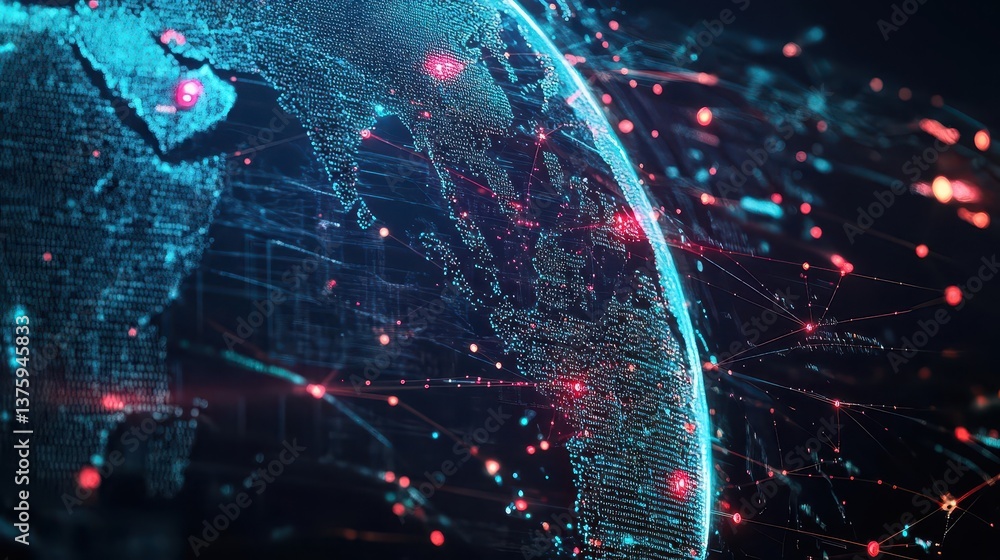 Fototapete Detailed world map illustration with a network of connected lines representing global communication and interaction