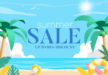 Summer Sale design template, summer greeting in beach background