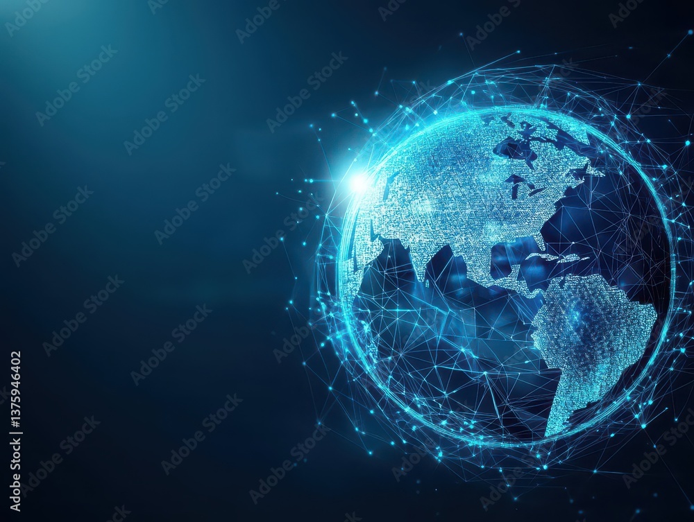Poster Global earth surrounded by a complex network of interconnected lines depicting digital connectivity and globalization