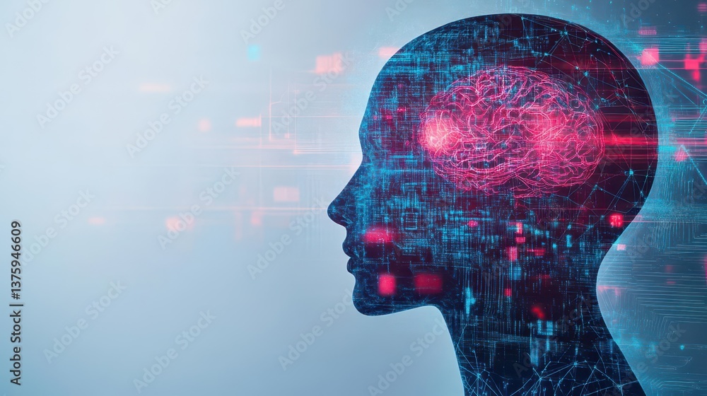 Poster human head silhouette with detailed brain scan illustrating advanced imaging techniques in neuroscie
