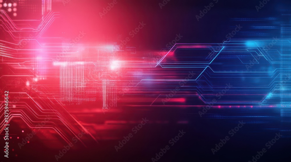 Poster Detailed circuit board design with a striking red and blue background highlighting modern technology and innovation