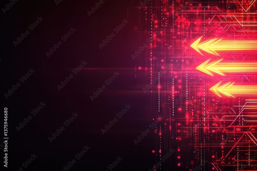 Poster Red and yellow circuit design featuring dynamic arrows illustrating technological connections and data flow concepts