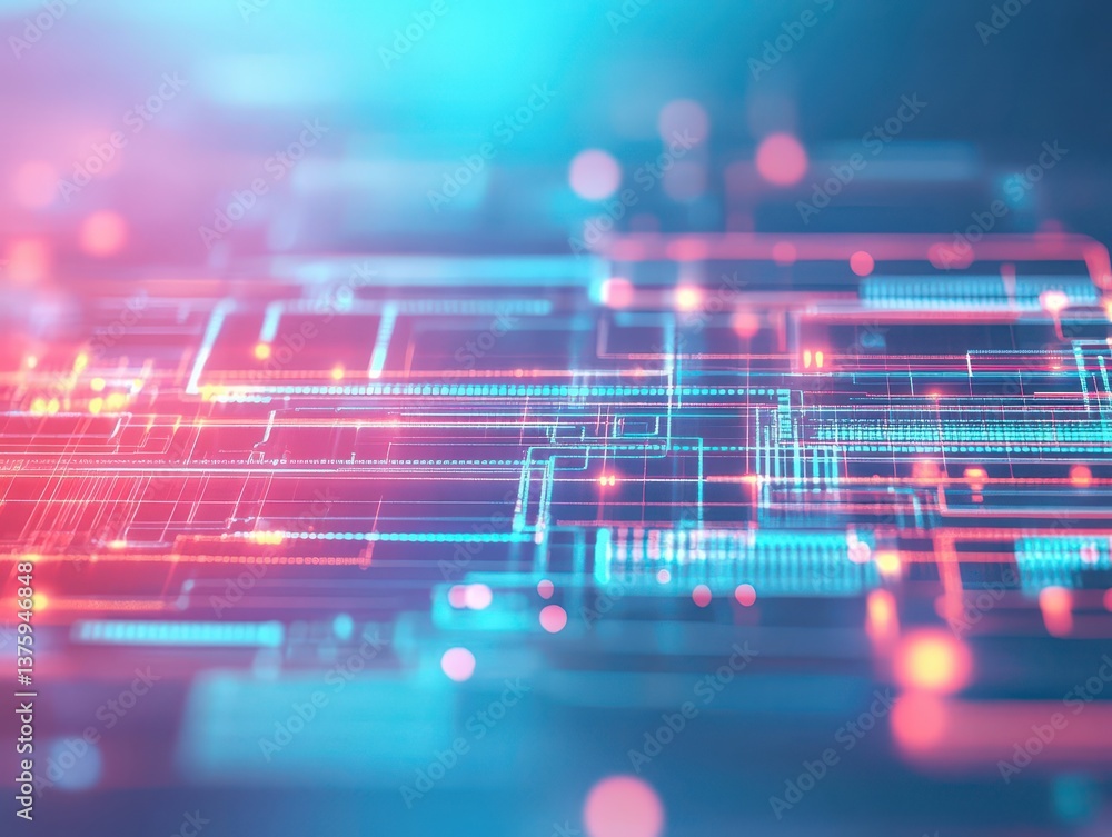 Poster circuit board technology design with striking blue and red background highlighting modern electronic