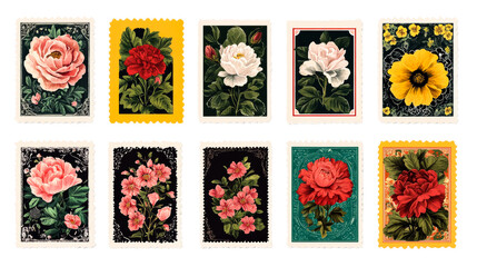 Floral postage stamp designs, elegant artistic collection, botanical, cut out transparent