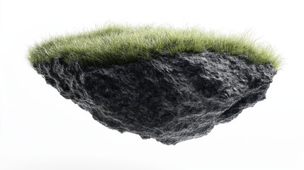 A levitating landmass, lush emerald grass on top, jagged dark rock beneath