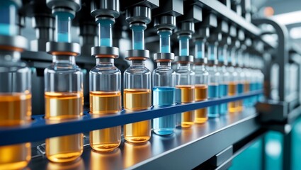 Close up of pharmaceutical vials being filled with liquid