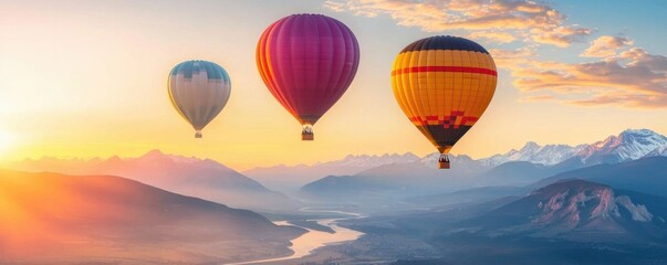 Obraz premium Colorful hot air balloons soaring above a picturesque mountain landscape at sunset.
