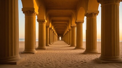Golden Passage: A symmetrical perspective of a beachside pier adorned with grand pillars extending into the horizon at sunset.