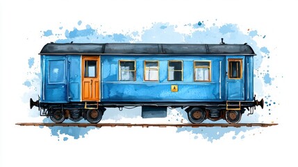 Vintage blue train car artwork transport watercolor style artistic environment side view nostalgic concept