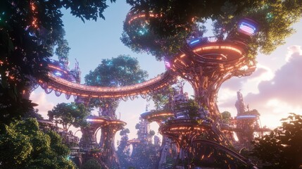 Futuristic city in the trees with interconnected platforms and lighting