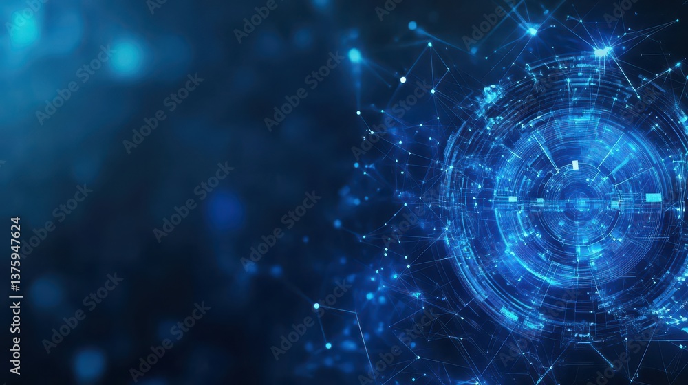 Fototapete Blue abstract background featuring a circular shape of connected lines and dots creating a futuristic digital atmosphere