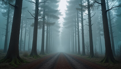 Obraz premium Misty forest pathway surrounded by tall trees 