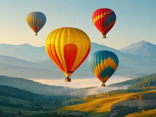 Obraz premium Colorful hot air balloons soaring above scenic landscapes at sunrise.