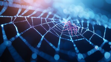Obraz premium 3D rendering of a holographic blue spider on a web.