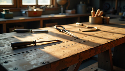 Obraz premium Handtools arranged on workbench in warm, sunlit workshop 