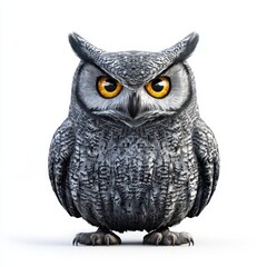 Fototapeta premium Realistic Gray Owl with Striking Yellow Eyes Set Against White Background in 3D Render Style