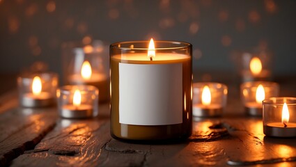 Cylindrical candle jar with label and warm glow