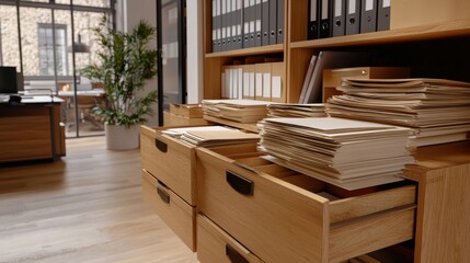 Fototapeta premium Modern office interior featuring wooden drawers filled with documents and files.