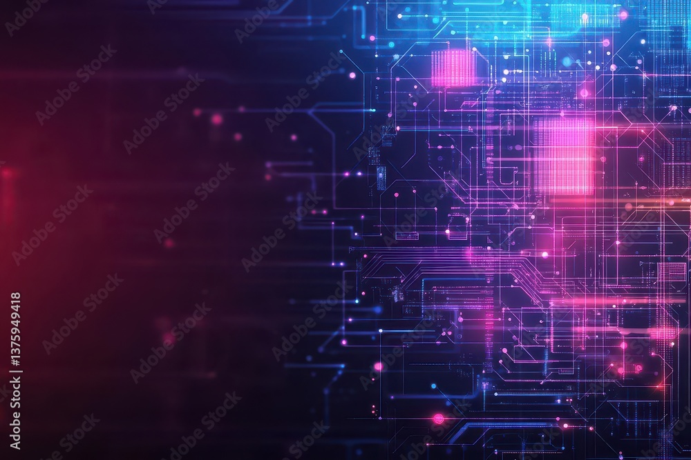 Poster Intricate circuit design set against a striking red and blue background featuring high-tech digital aesthetic elements