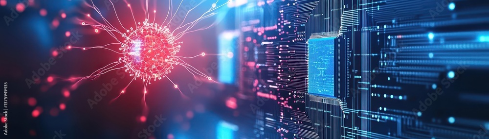 Aufkleber high-tech computer chip emitting red and blue light, symbolizing advanced technology and digital inn