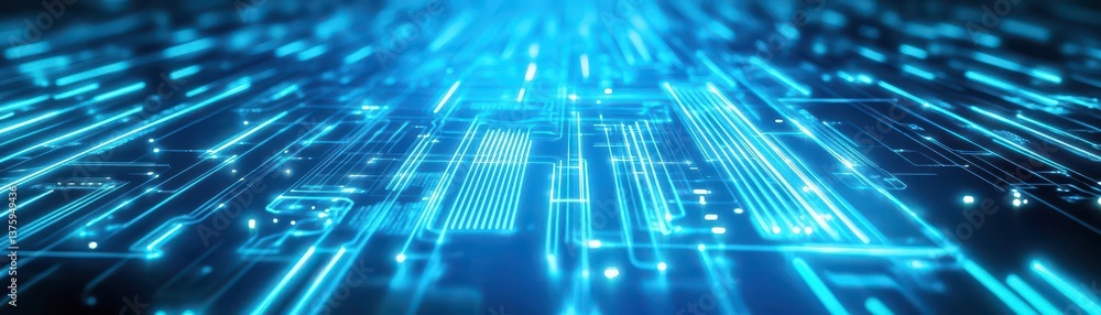 Poster circuit board featuring bright blue lights, representing advanced technology and modern electronics 