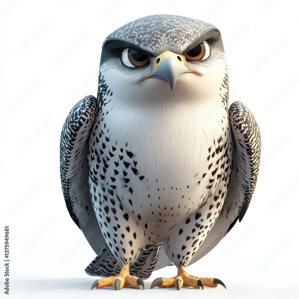 Poster realistic 3d cartoon bird character with striking features and unique expressions on a white backgro