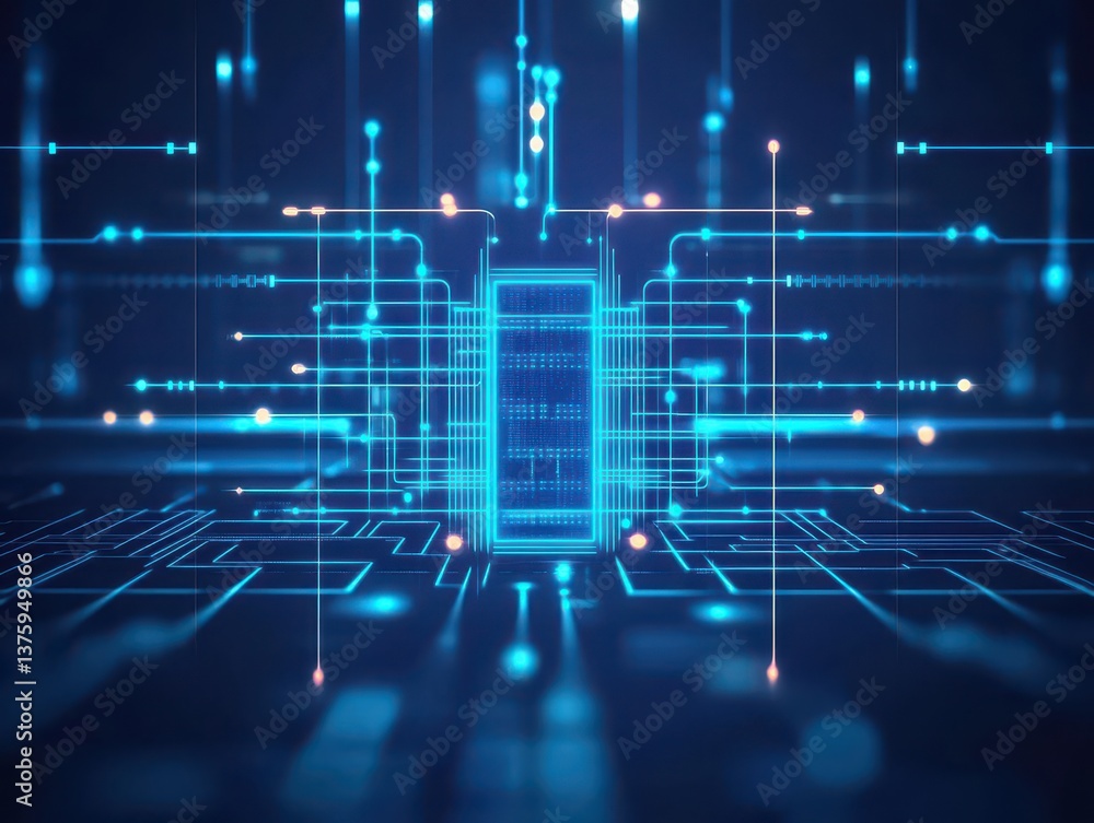 Poster circuit board design with a blue background highlighting technology, innovation, and the future of d