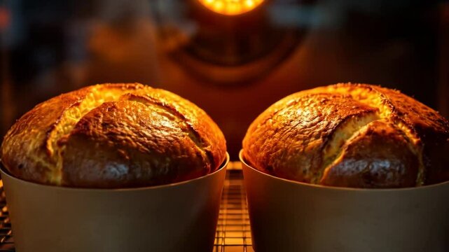 Two traditional Easter breads (paska/kulich) bake side-by-side in paper molds inside a glowing oven, their crusts perfectly golden and cracked. Suitable for bakery visuals or food content. 