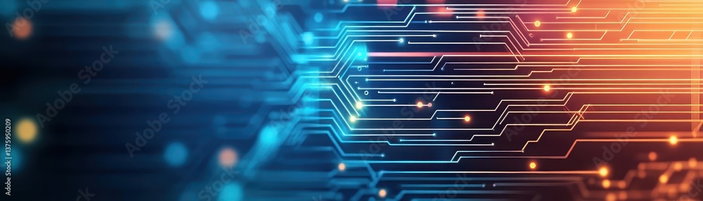 Poster Futuristic circuit board featuring a glowing orange and blue pattern highlighting advanced technology and innovation