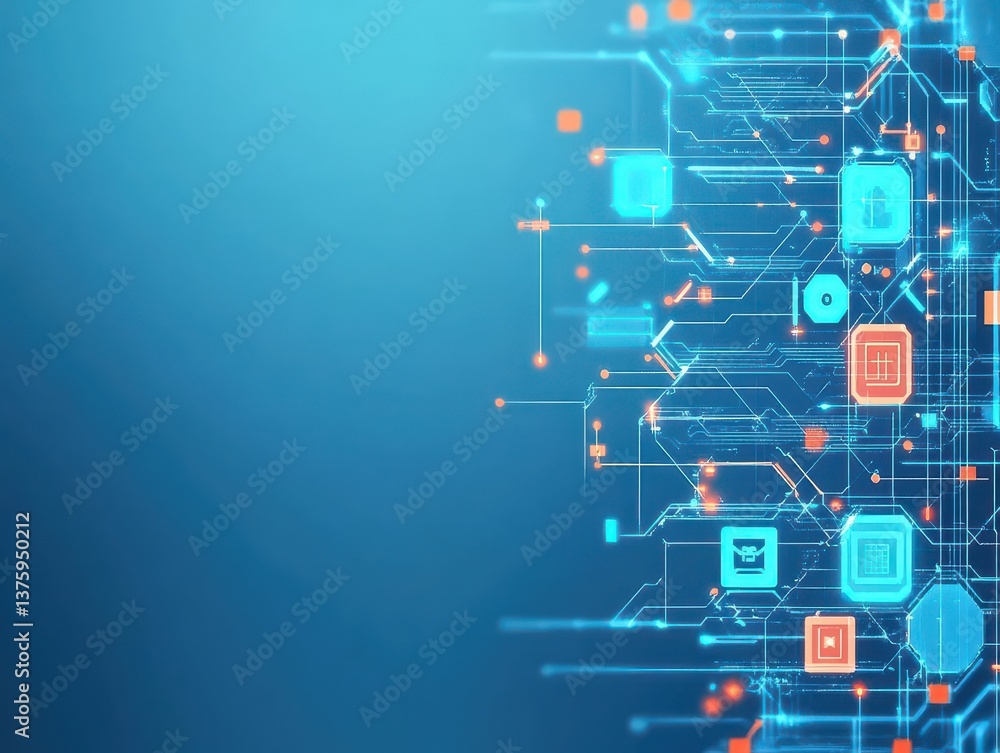 Poster High-tech circuit design set against a blue background highlighting modern electronics and advanced connectivity