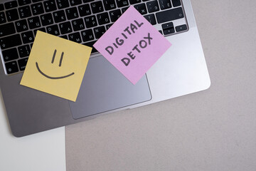 Technology concept - words of digital detox digital gadgets. Concept of social media addiction....