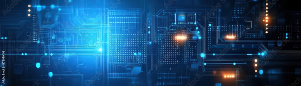 Poster detailed circuit board with a bright blue light emphasizing the intricacies of modern technology and