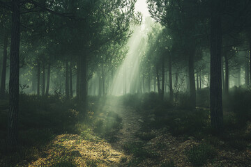 Obraz premium Misty Pine Forest with Dramatic Sunbeams – Atmospheric Wilderness Landscape