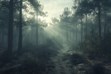 Obraz premium Misty Pine Forest with Dramatic Sunbeams – Atmospheric Wilderness Landscape