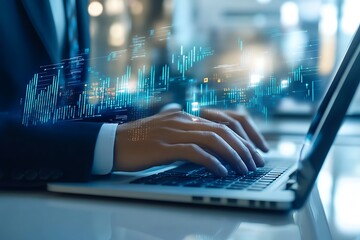 Hands Typing on Laptop with Digital Data Overlay and Futuristic Interface
