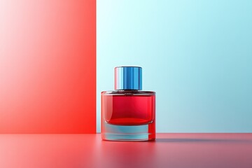 A square perfume bottle displaying a vibrant red liquid inside
