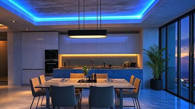 Modern luxury interior design with ambient lighting highlighting a contemporary kitchen and dining area at dusk with cityscape view