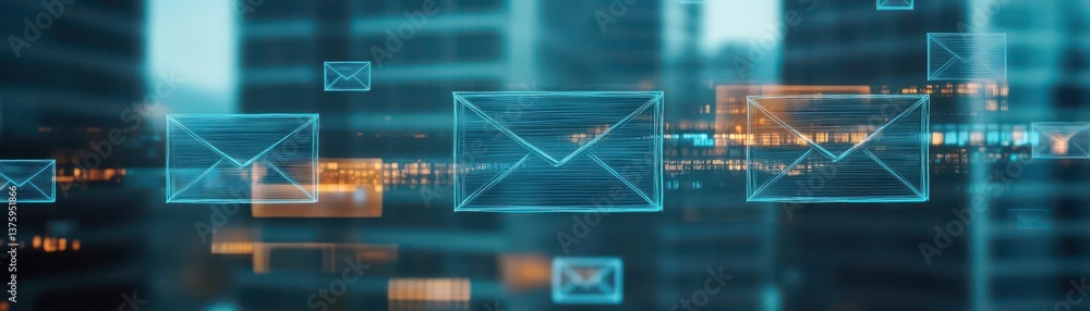 Aufkleber urban cityscape with flowing line of emails representing digital communication and connectivity in m