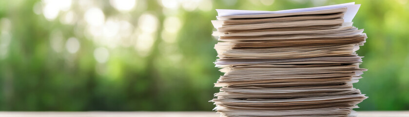 stack of office papers and documents on desk, showcasing organization and productivity in serene environment