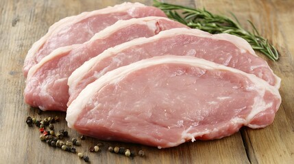 Raw Pork Chops on Wooden Board with Rosemary and Peppercorns