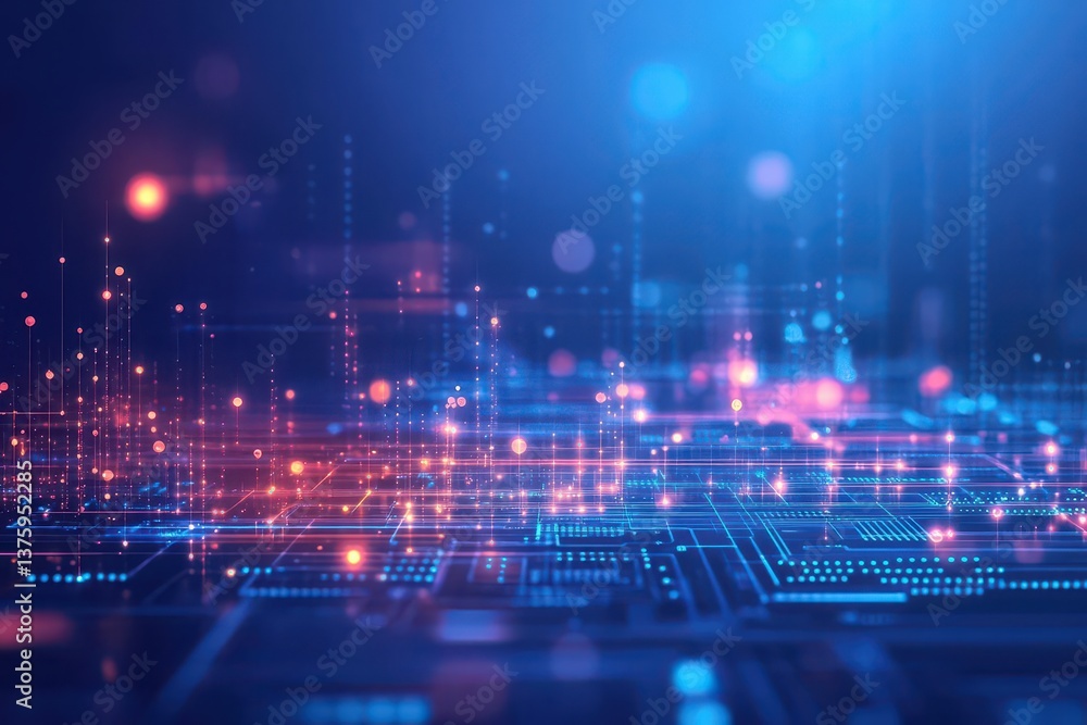 Poster complex circuit design set against a striking blue and red background for technology and innovation 