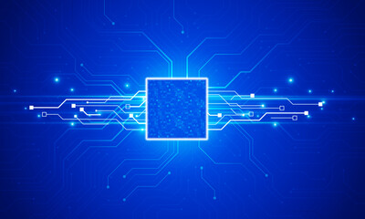 Brightly glowing AI chip on light circuit board on technology blue technology of symbol Hitech communication concept of private key digital world, vector design.