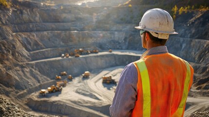 Overseeing Quarry Operations Mining Industry Worker and Heavy Equipment View
