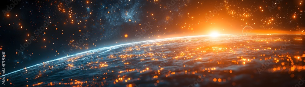 Poster planet earth surrounded by holographic data shields and cybernetic grids in orbit