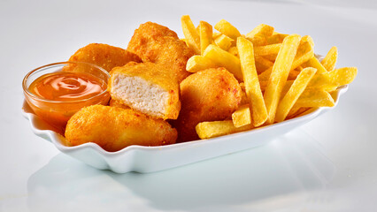 Chicken Nuggets mit Pommes und Dip, Hühnchen, Pommes Frites, isoliert,