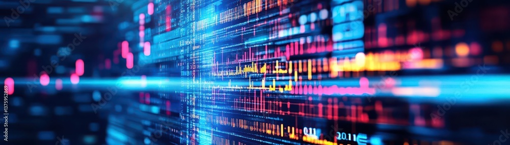 Poster A computer screen displaying a colorful blue and red background with abstract patterns and modern digital design elements