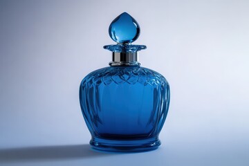 A striking blue glass bottle displayed with elegant design details