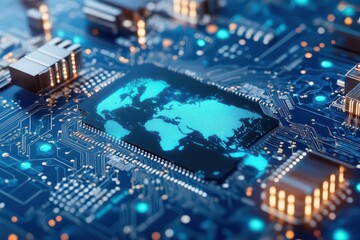 Circuit board featuring a detailed world map design illustrating global connectivity and technological innovation