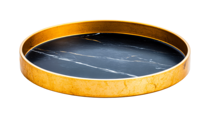 Round black marble tray with golden border, cut out transparent