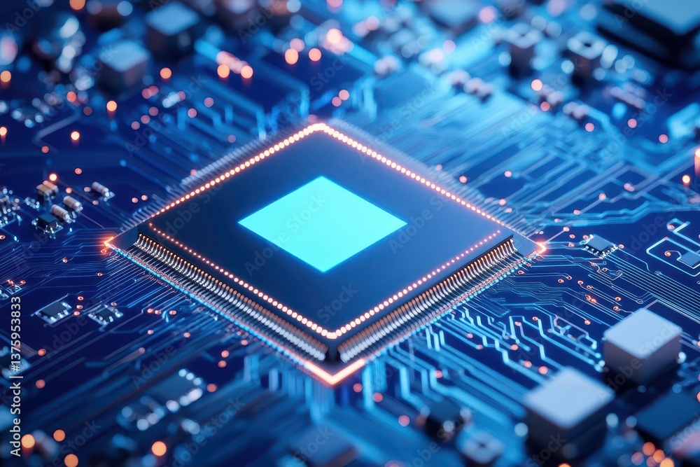Poster Close-up of cpu chip on a circuit board demonstrating advanced technology and electronics in a high-tech environment